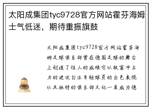 太阳成集团tyc9728官方网站霍芬海姆士气低迷，期待重振旗鼓