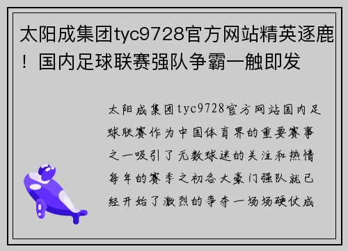 太阳成集团tyc9728官方网站精英逐鹿！国内足球联赛强队争霸一触即发